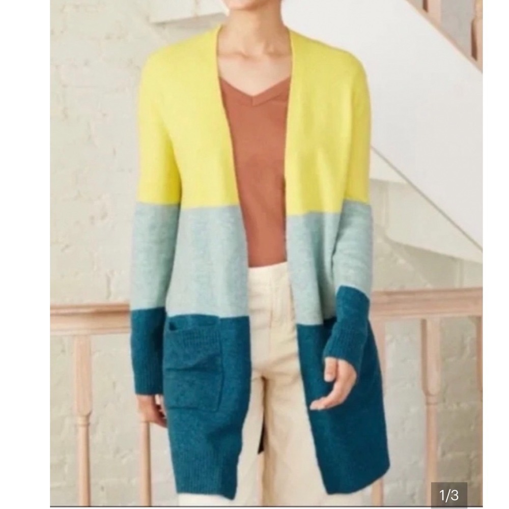 A New Day Medium Open Front Long Cardigan Color Block Oversized Pockets Yellow - Picture 10 of 10